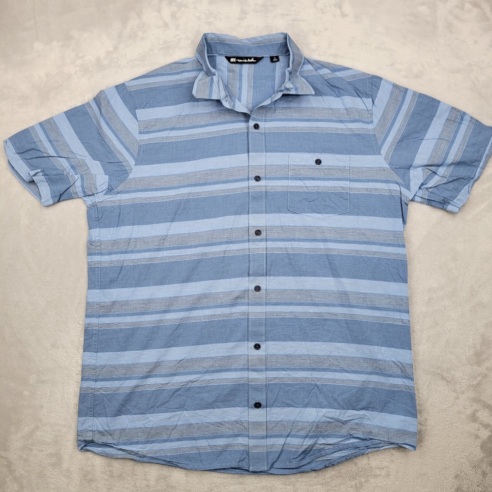 Travis Mathew Shirt Men XL Button‎ Up Preppy Casual Breton Awning Striped Adult